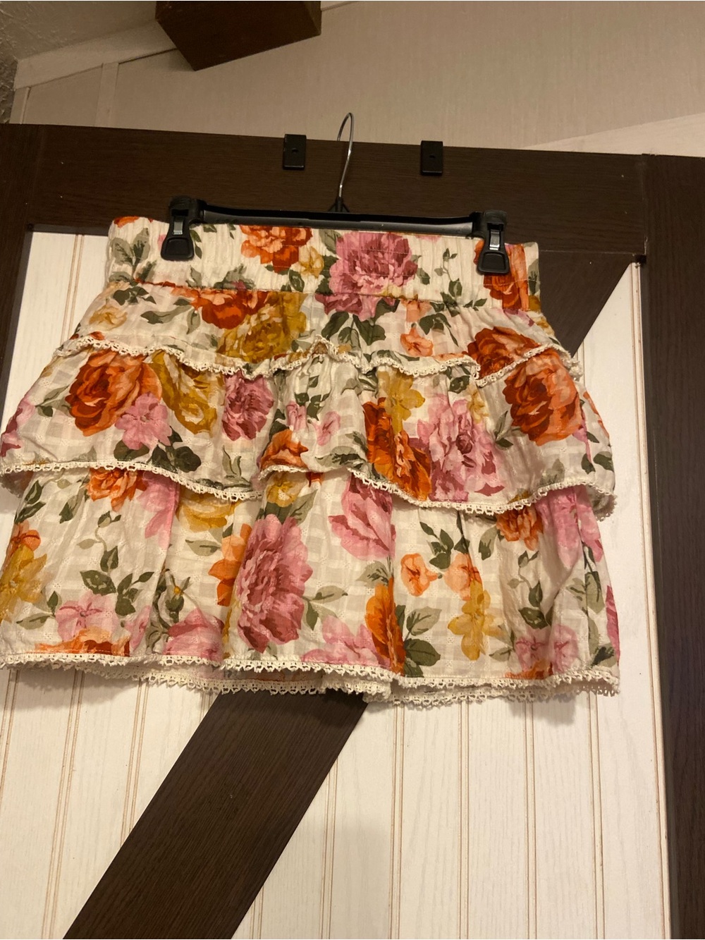Show Me Your MuMu Floral Ruffle Mini Skirt - Ivory with Pink & Orange Blooms